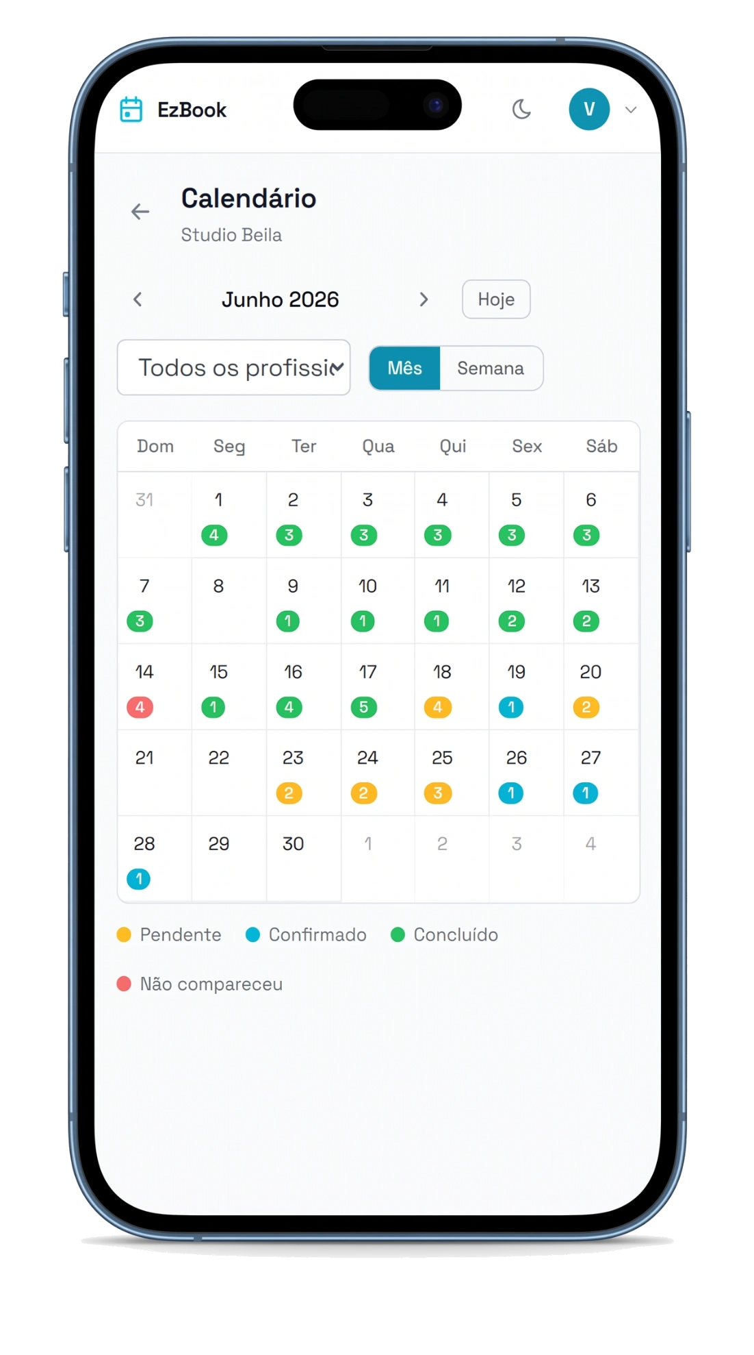 Calendário do EzBook com agendamentos por status